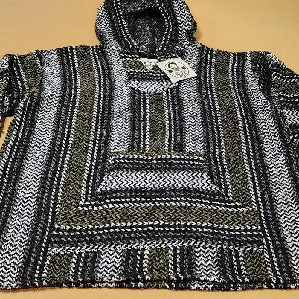 Wild Bill's Baja Co Sweater Mens Large Black Stripe Hooded Knit Baja Pullover